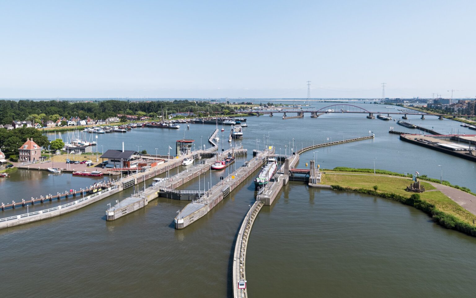 Aerial view of the Oranjesluizen locks between the IJ and Zeeburgereiland, Amsterdam